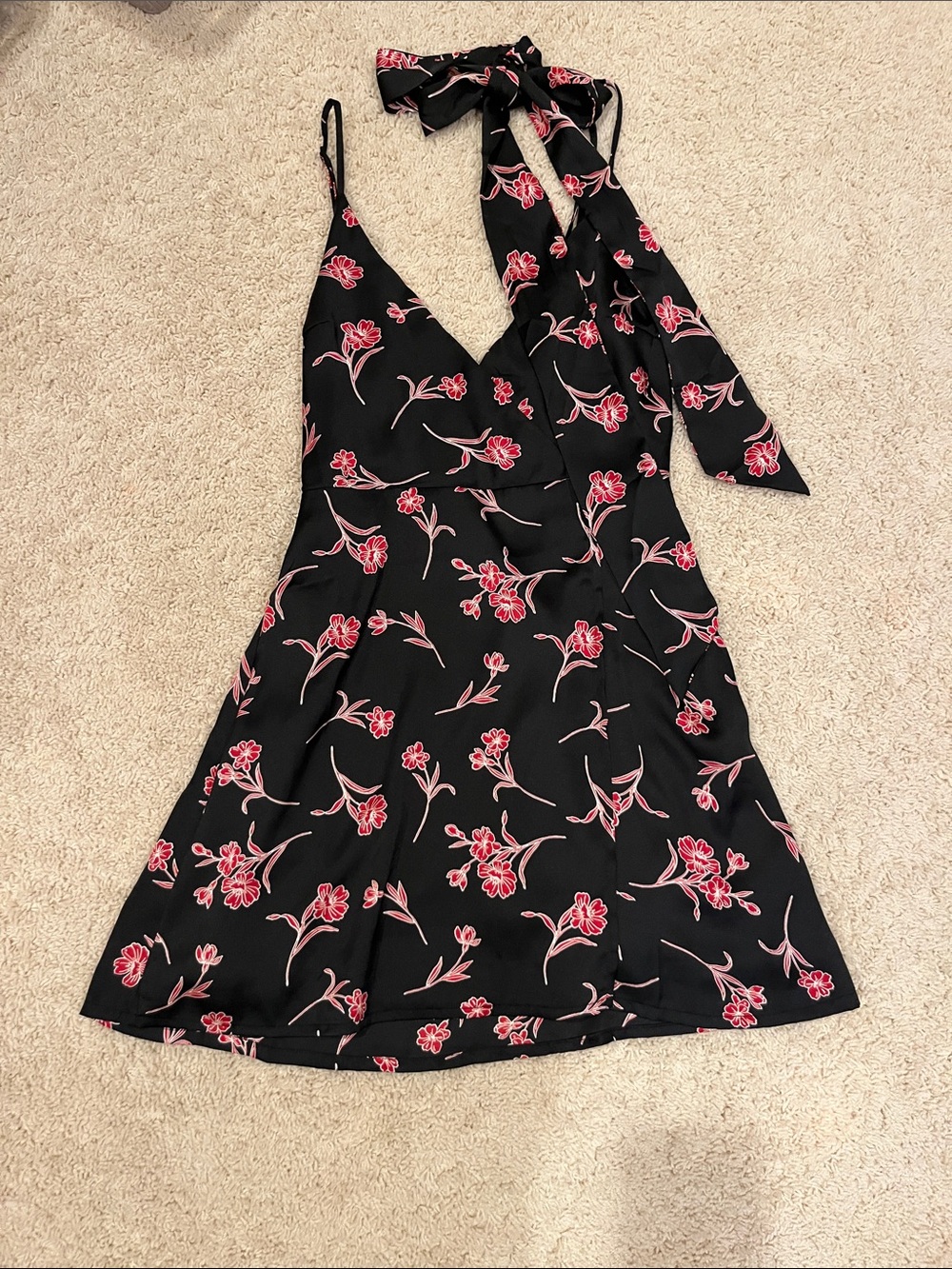 Black Mini Dress with Red Floral Print